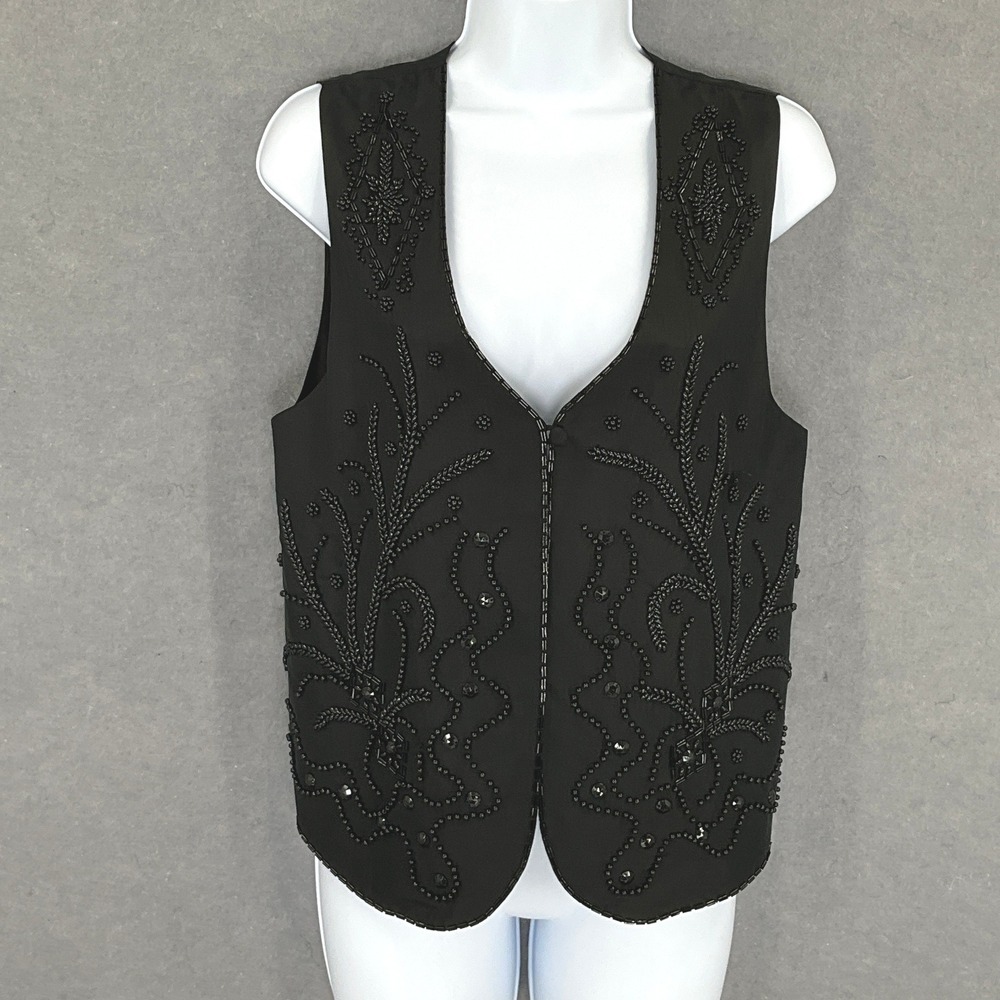 Casual Corner Silk Beaded Vest Black Embellished Festival Party Evening Top